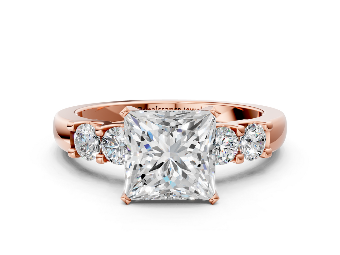 Rose gold Princess Brilliant Cut Diamond Five-Stone Prong Set Engagement Ring with Channel Band_23
