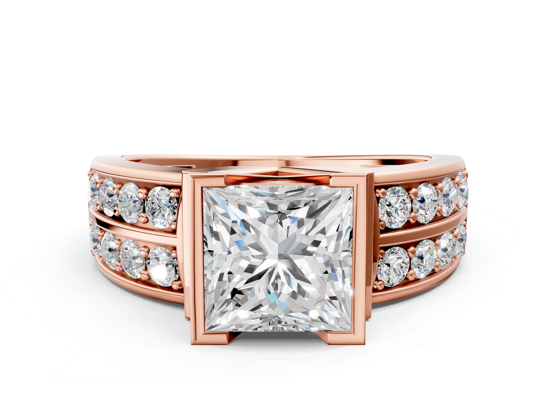 Rose gold Princess Brilliant Diamond Channel Set Wide Band Ring with Bezel Setting_20