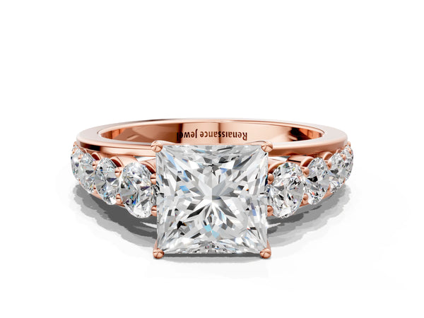 Rose Gold Princess Cut Engagement Ring Setting with Graduated Accent Band and Prong Head