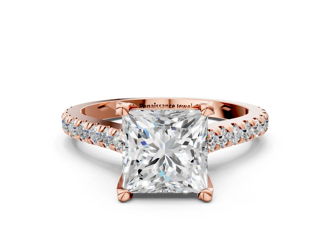 Rose gold Princess Brilliant Diamond Solitaire with Pavé Band and Four-Prong Setting