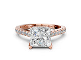 Rose gold Princess Brilliant Diamond Solitaire with Pavé Band and Four-Prong Setting