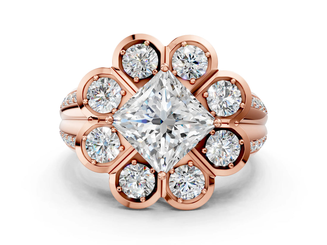 Rose gold Princess Brilliant Flower Halo Diamond Split Shank Ring_75