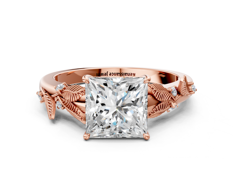 Rose gold Princess Cut Diamond Solitaire Ring with Leaf Motif Band and Four-Prong Setting