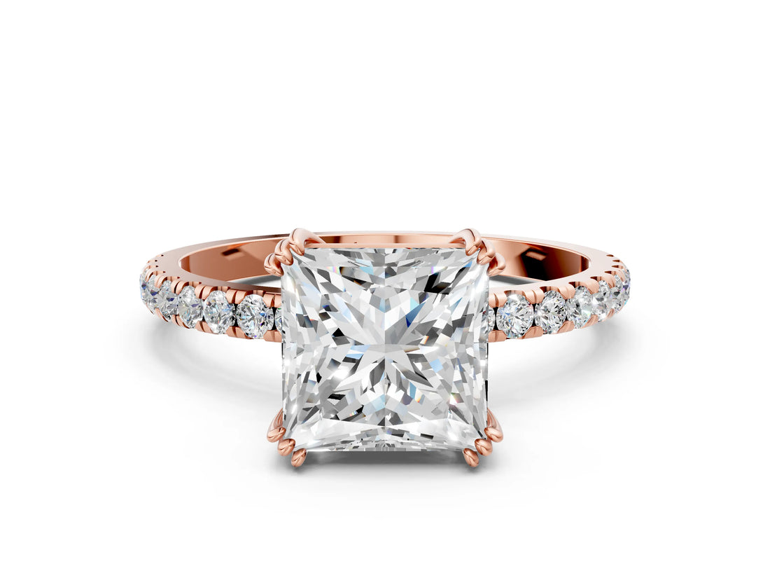Rose gold Princess Brilliant Solitaire with Pavé Band and Claw Prong Setting_7