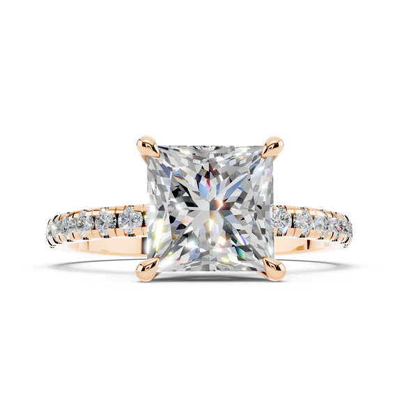 Rose gold Princess Cut Diamond Brilliant Solitaire Ring with Pavé Band and Four-Prong Setting