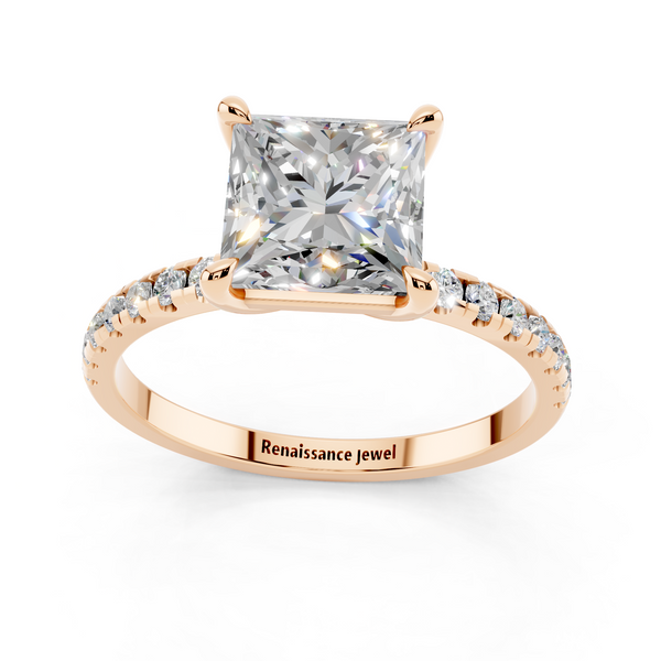 Rose gold Princess Cut Diamond Brilliant Solitaire Ring with Pavé Band and Four-Prong Setting