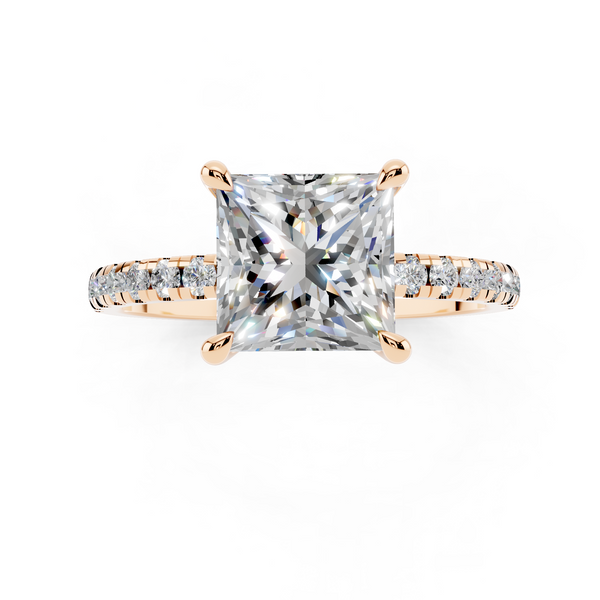 Rose gold Princess Cut Diamond Brilliant Solitaire Ring with Pavé Band and Four-Prong Setting