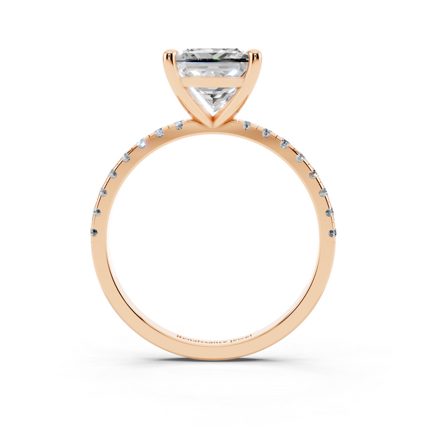 Rose gold Princess Cut Diamond Brilliant Solitaire Ring with Pavé Band and Four-Prong Setting