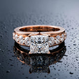 Rose gold Princess Brilliant Solitaire with Side Stones on a Pave Band and Four-Prong Setting_15