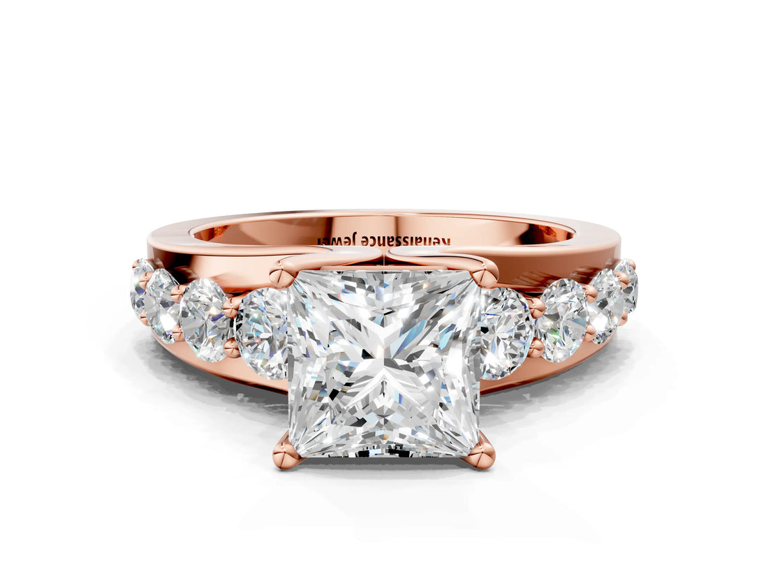 Rose gold Princess Brilliant Solitaire with Side Stones on a Pave Band and Four-Prong Setting_49