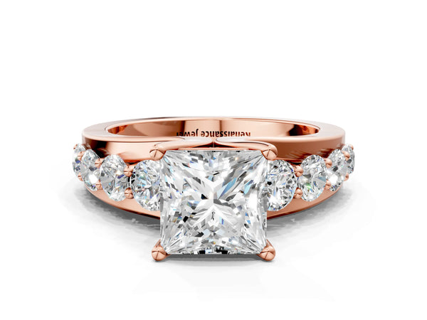 Rose gold Princess Brilliant Solitaire with Side Stones on a Pave Band and Four-Prong Setting