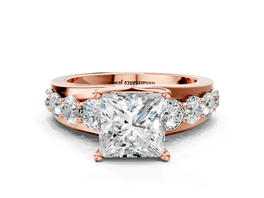 Rose gold Princess Brilliant Solitaire with Side Stones on a Pave Band and Four-Prong Setting