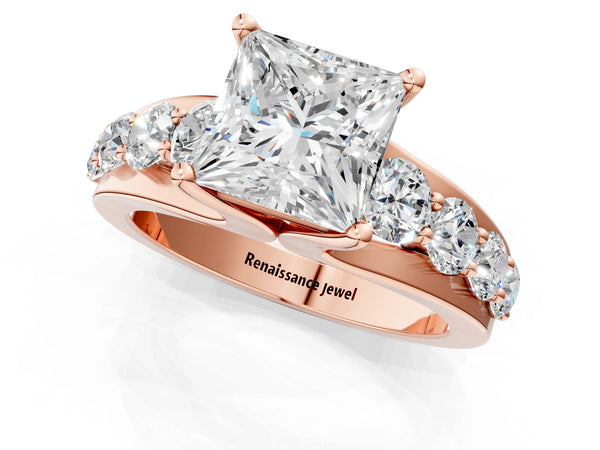 Rose gold Princess Brilliant Solitaire with Side Stones on a Pave Band and Four-Prong Setting
