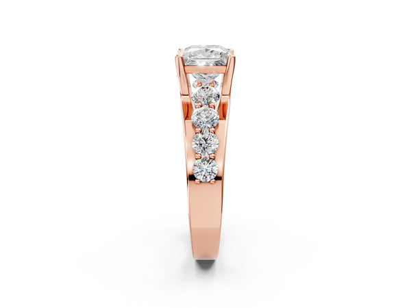Rose gold Princess Brilliant Solitaire with Side Stones on a Pave Band and Four-Prong Setting