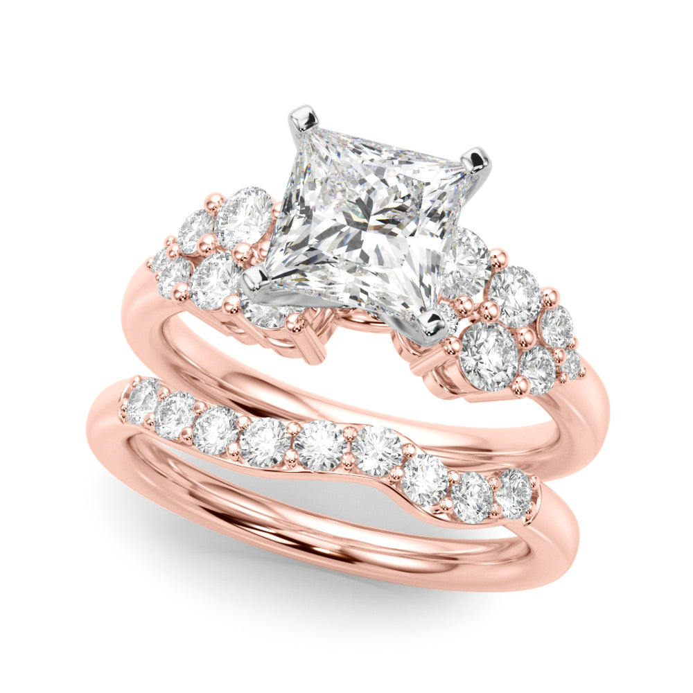 Rose gold Princess Cluster Diamond Engagement Ring with Pavé Band and Four-Prong Setting 1