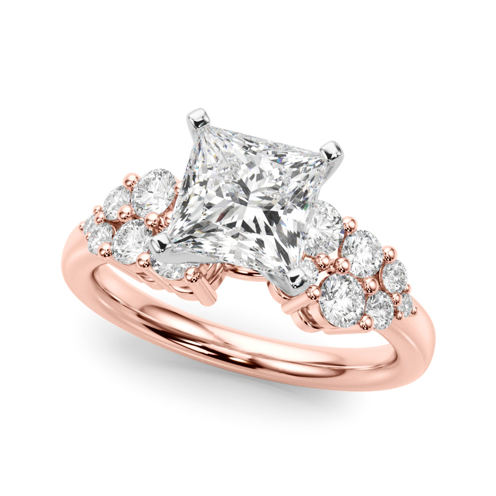 Rose gold Princess Cluster Diamond Engagement Ring with Pavé Band and Four-Prong Setting