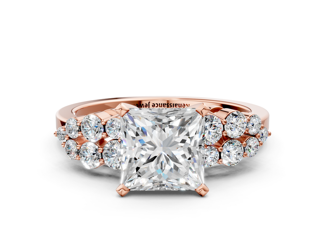 Rose gold Princess Cluster Diamond Engagement Ring with Pavé Band and Four-Prong Setting_55