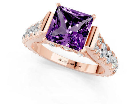 Rose gold Princess Cut Amethyst Classic Solitaire Ring with Pavé Band and Four-Prong Setting_1