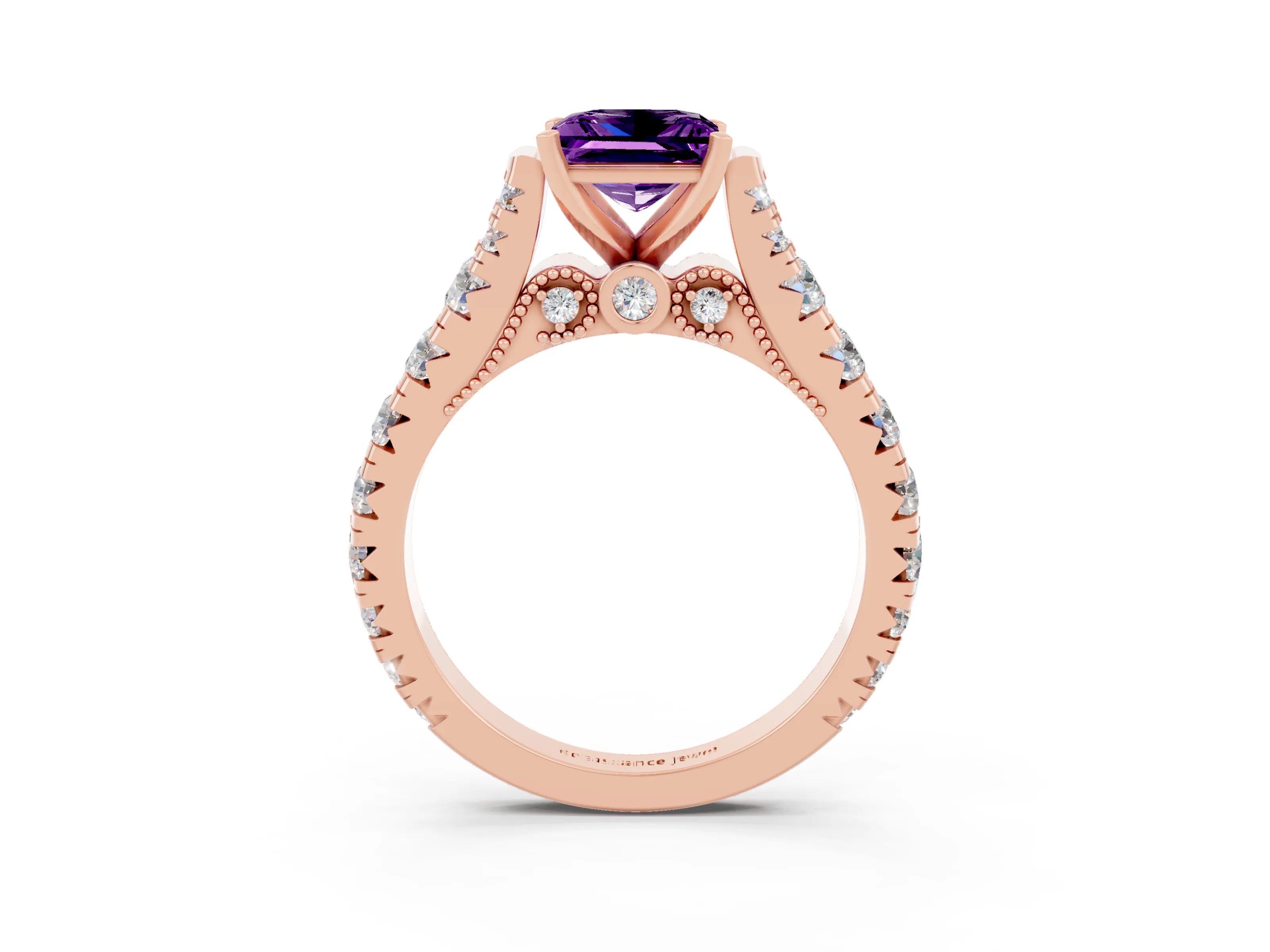 Rose gold Princess Cut Amethyst Classic Solitaire Ring with Pavé Band and Four-Prong Setting_3