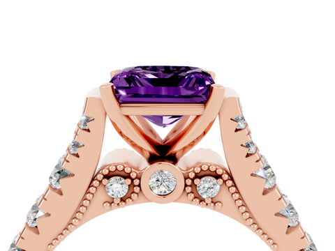 Rose gold Princess Cut Amethyst Classic Solitaire Ring with Pavé Band and Four-Prong Setting_4