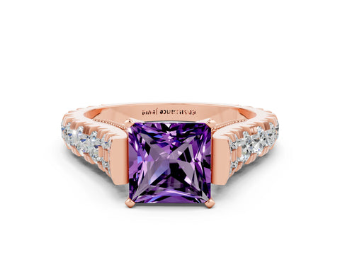 Rose gold Princess Cut Amethyst Classic Solitaire Ring with Pavé Band and Four-Prong Setting