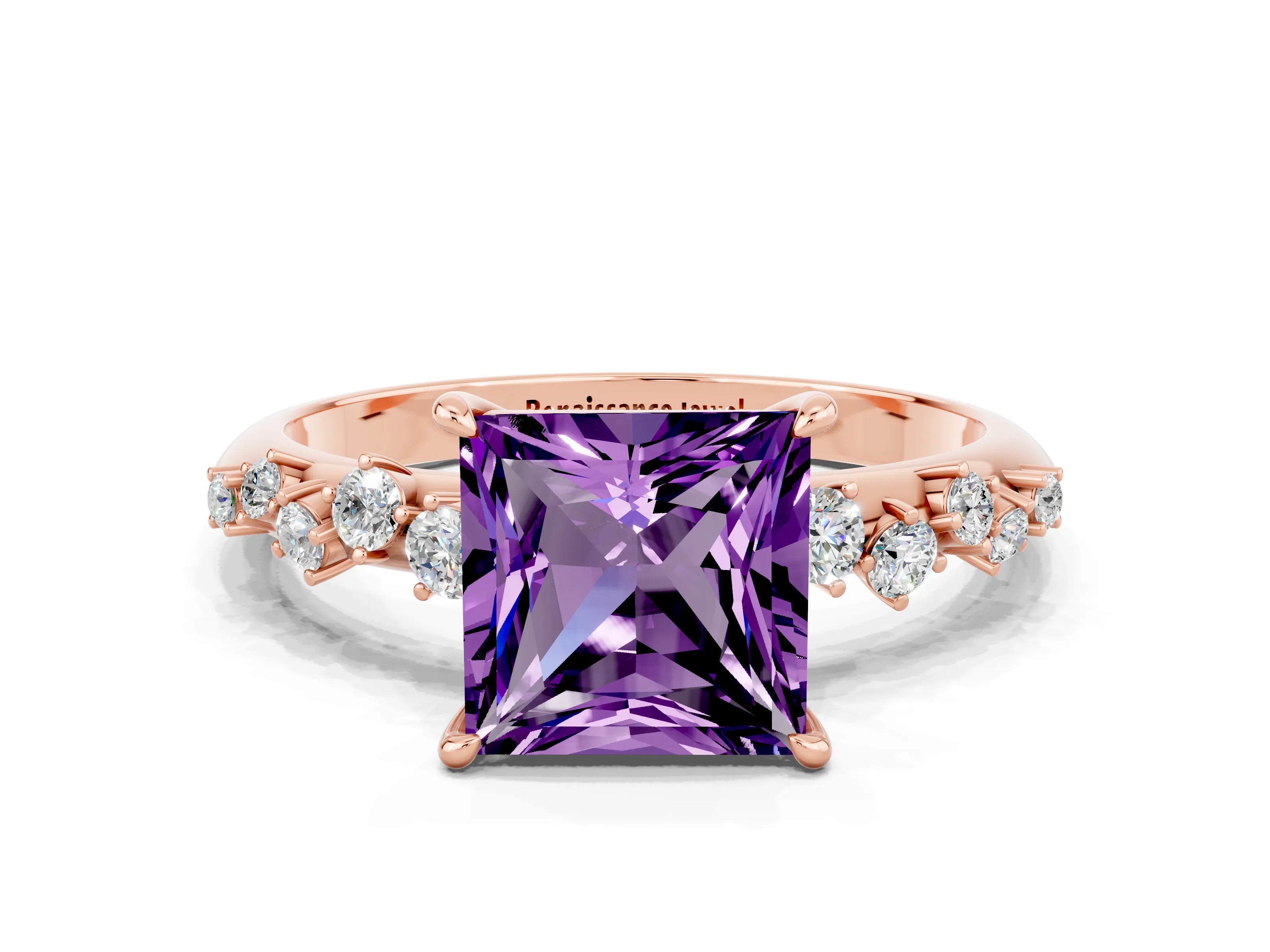 Rose gold Princess Cut Amethyst Cluster Side Stone Solitaire Ring with Prong Setting_24