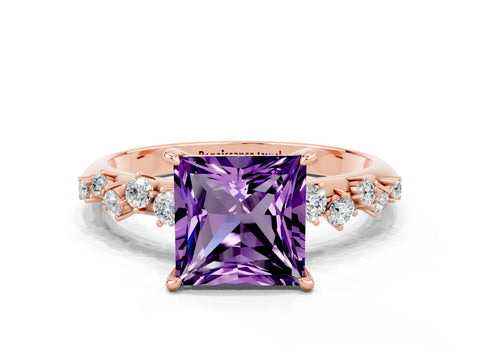 Rose gold Princess Cut Amethyst Cluster Side Stone Solitaire Ring with Prong Setting_24
