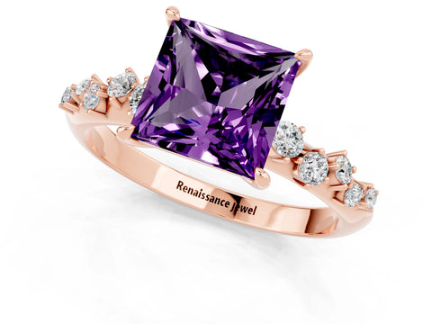 Rose gold Princess Cut Amethyst Cluster Side Stone Solitaire Ring with Prong Setting_25