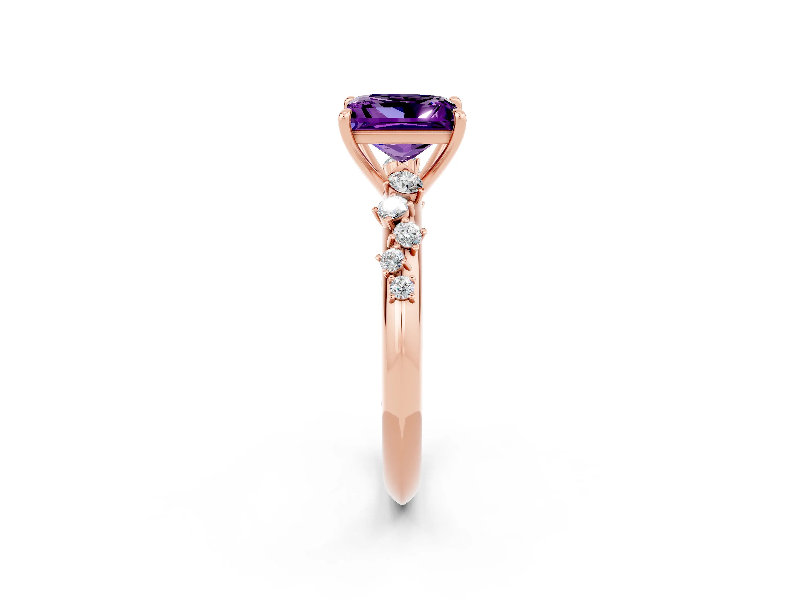 Rose gold Princess Cut Amethyst Cluster Side Stone Solitaire Ring with Prong Setting_26