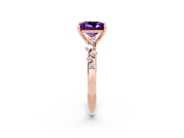 Rose gold Princess Cut Amethyst Cluster Side Stone Solitaire Ring with Prong Setting