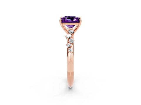 Rose gold Princess Cut Amethyst Cluster Side Stone Solitaire Ring with Prong Setting_26
