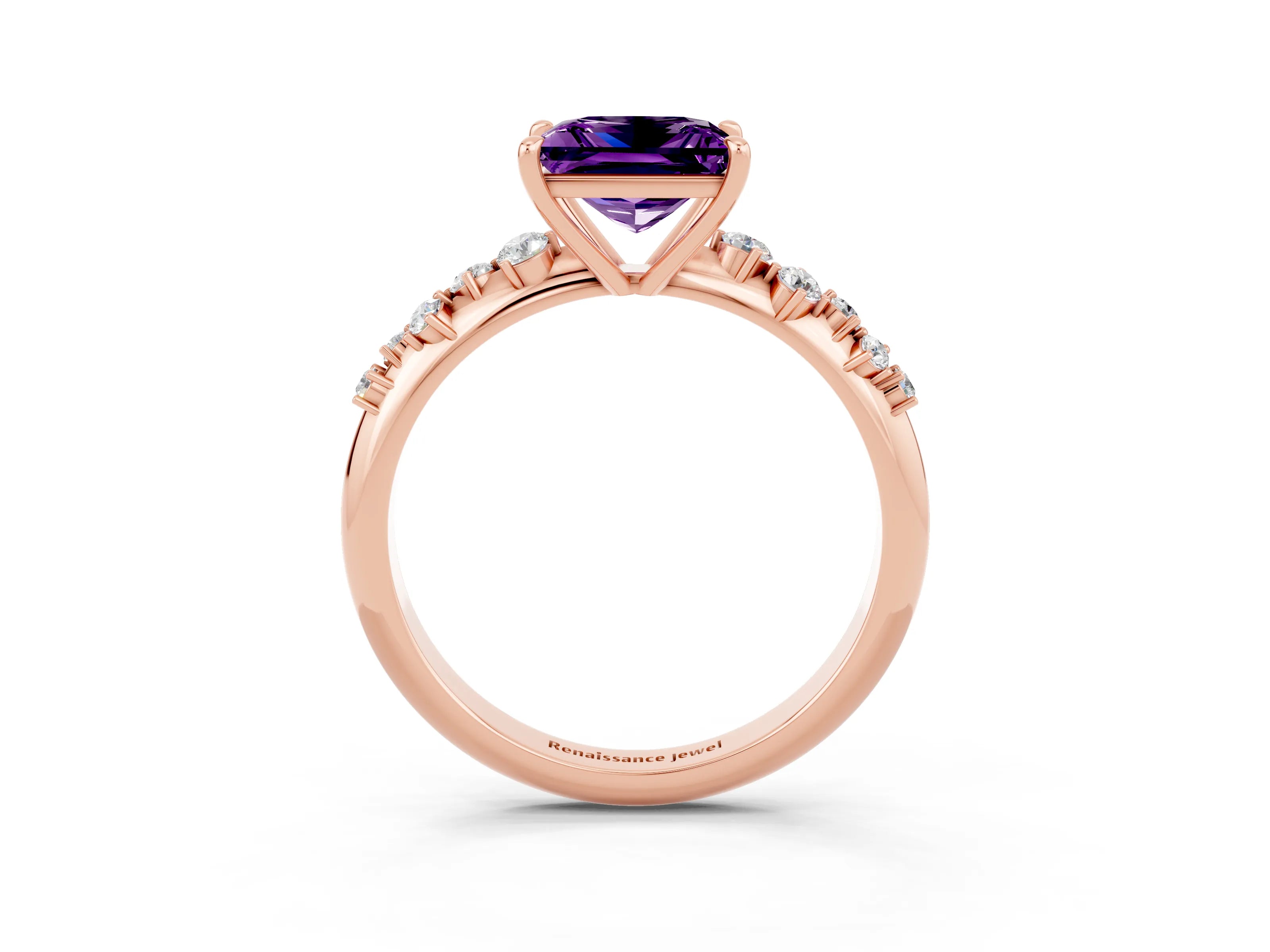 Rose gold Princess Cut Amethyst Cluster Side Stone Solitaire Ring with Prong Setting_27