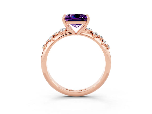 Rose gold Princess Cut Amethyst Cluster Side Stone Solitaire Ring with Prong Setting