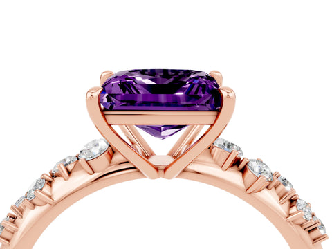 Rose gold Princess Cut Amethyst Cluster Side Stone Solitaire Ring with Prong Setting_28