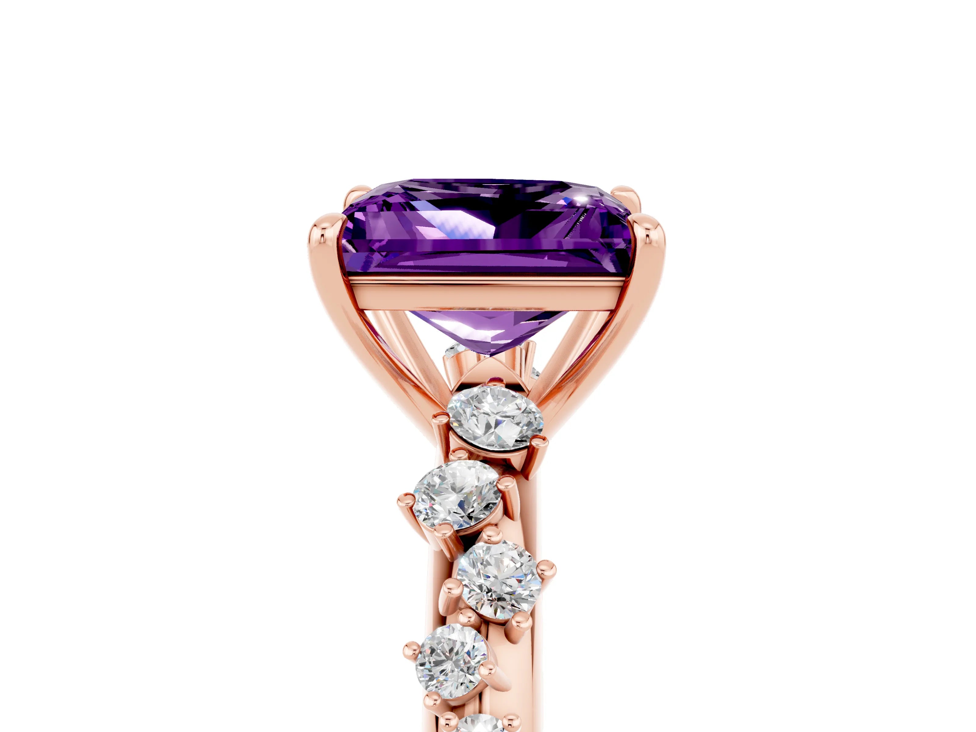 Rose gold Princess Cut Amethyst Cluster Side Stone Solitaire Ring with Prong Setting_29
