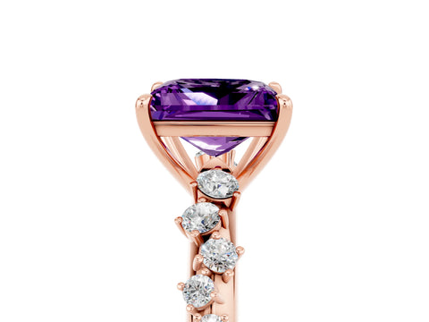Rose gold Princess Cut Amethyst Cluster Side Stone Solitaire Ring with Prong Setting_29