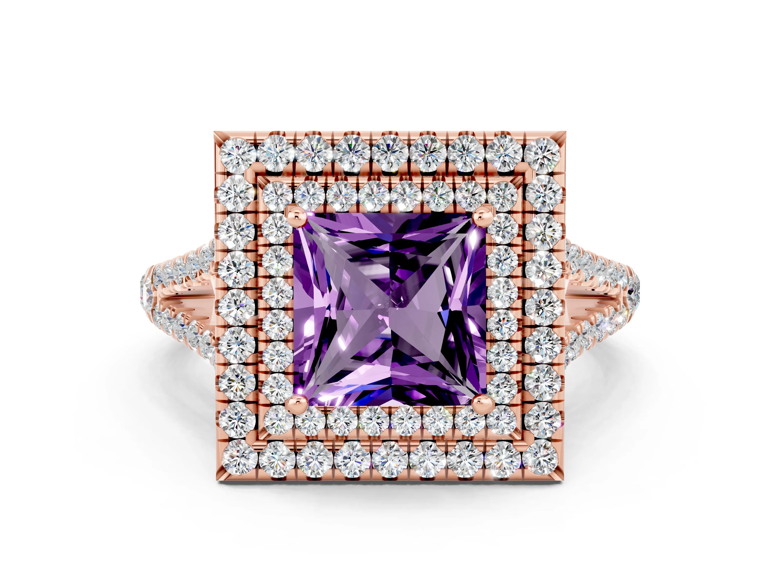 Rose gold Princess Cut Amethyst Double Halo Ring with Pavé Band and Prong Setting_12