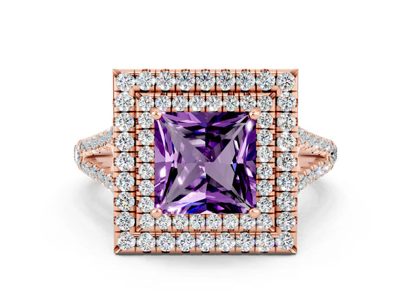 Rose gold Princess Cut Amethyst Double Halo Ring with Pavé Band and Prong Setting
