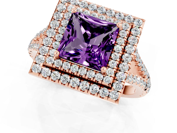 Rose gold Princess Cut Amethyst Double Halo Ring with Pavé Band and Prong Setting