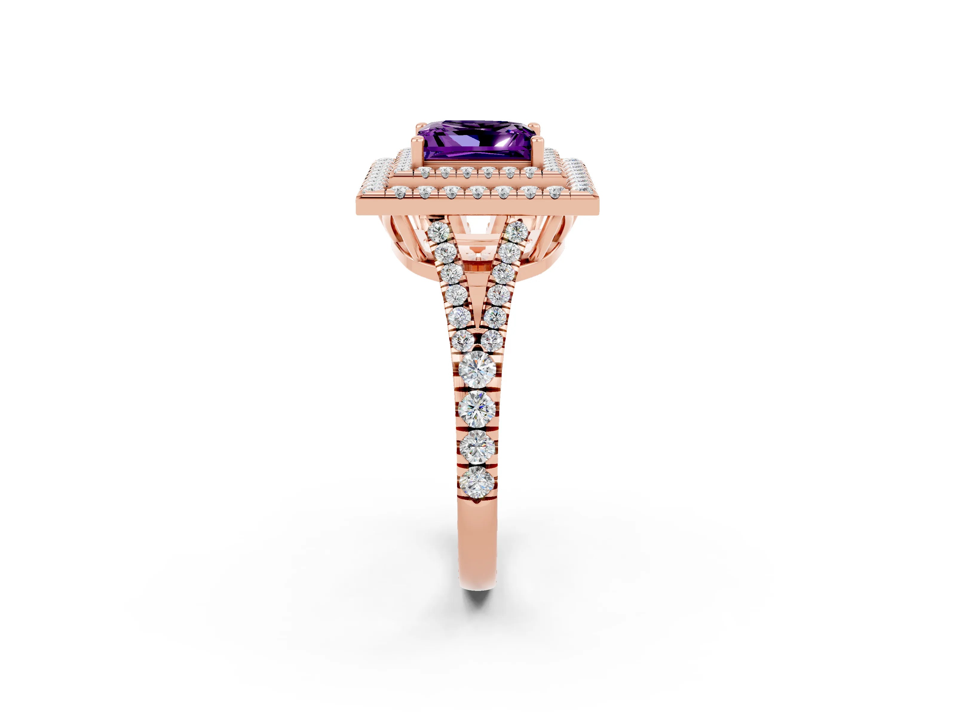 Rose gold Princess Cut Amethyst Double Halo Ring with Pavé Band and Prong Setting_14