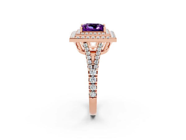 Rose gold Princess Cut Amethyst Double Halo Ring with Pavé Band and Prong Setting