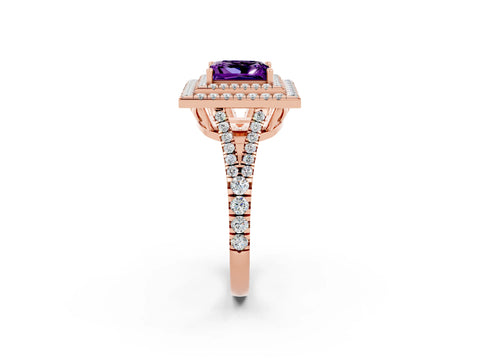 Rose gold Princess Cut Amethyst Double Halo Ring with Pavé Band and Prong Setting_14