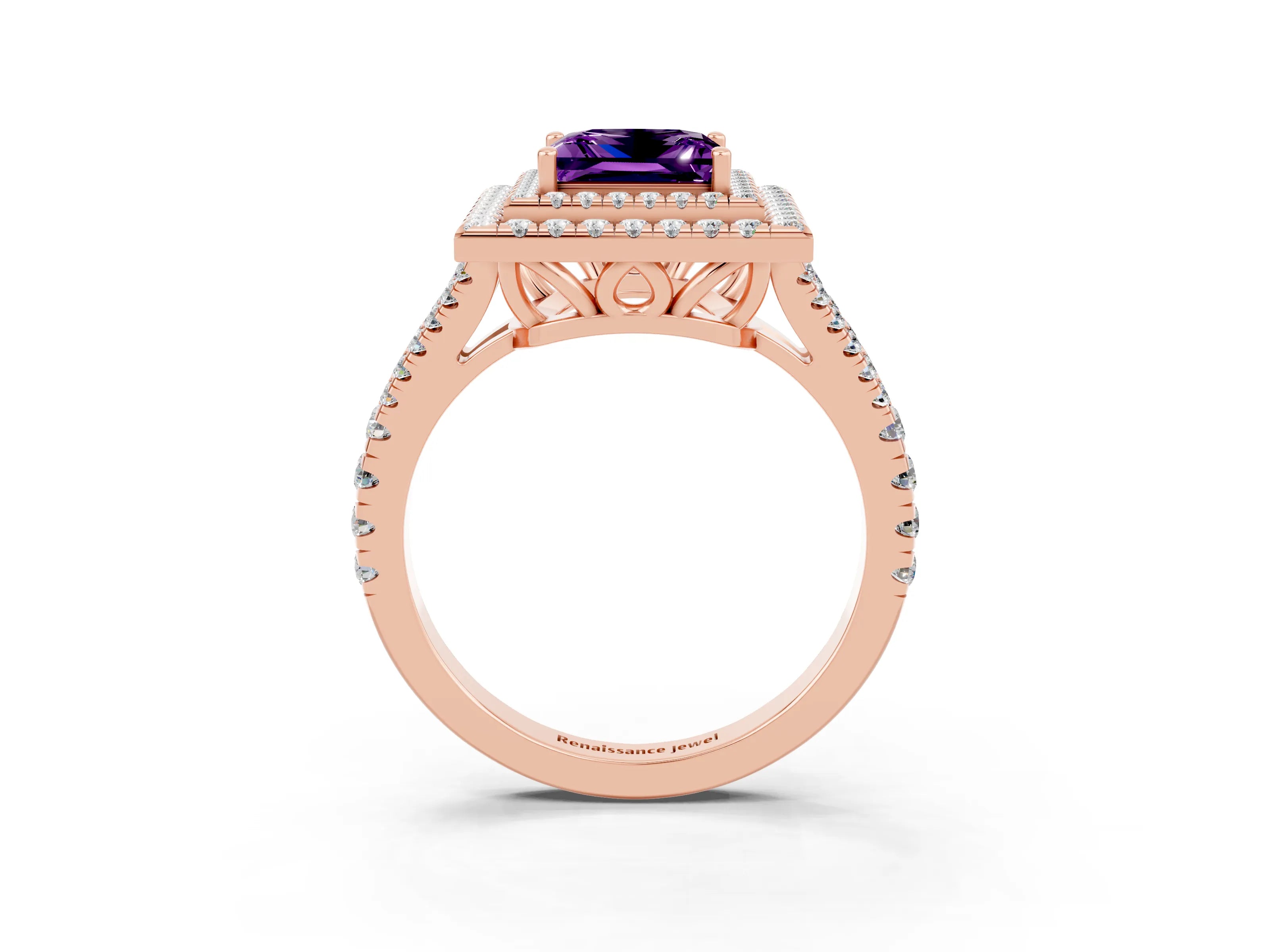 Rose gold Princess Cut Amethyst Double Halo Ring with Pavé Band and Prong Setting_15