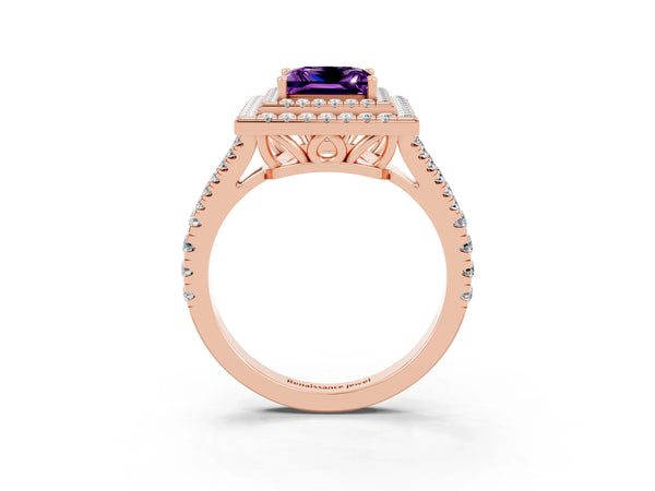 Rose gold Princess Cut Amethyst Double Halo Ring with Pavé Band and Prong Setting