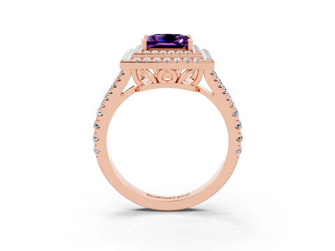 Rose gold Princess Cut Amethyst Double Halo Ring with Pavé Band and Prong Setting_15