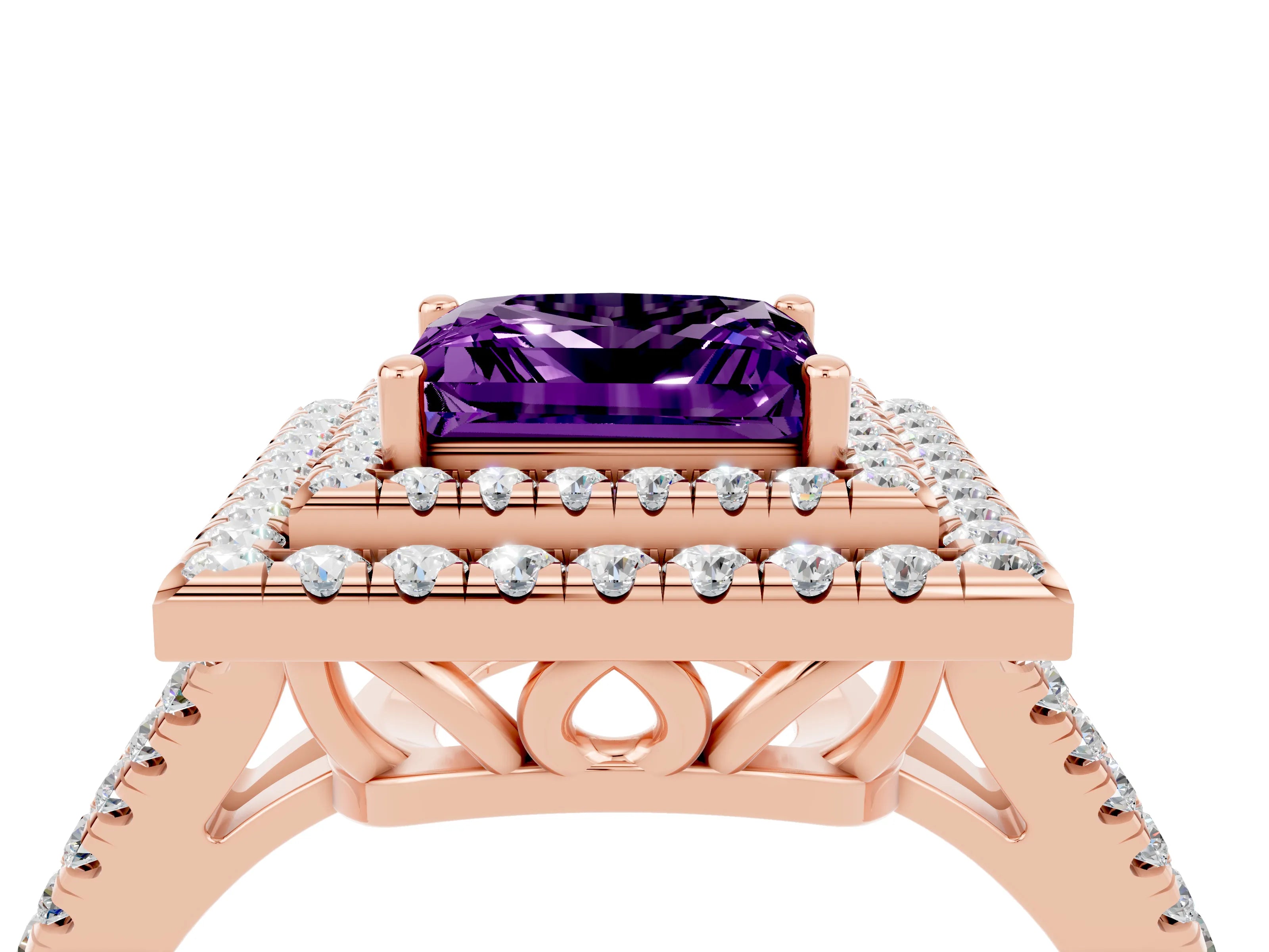 Rose gold Princess Cut Amethyst Double Halo Ring with Pavé Band and Prong Setting_16