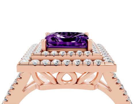 Rose gold Princess Cut Amethyst Double Halo Ring with Pavé Band and Prong Setting_16