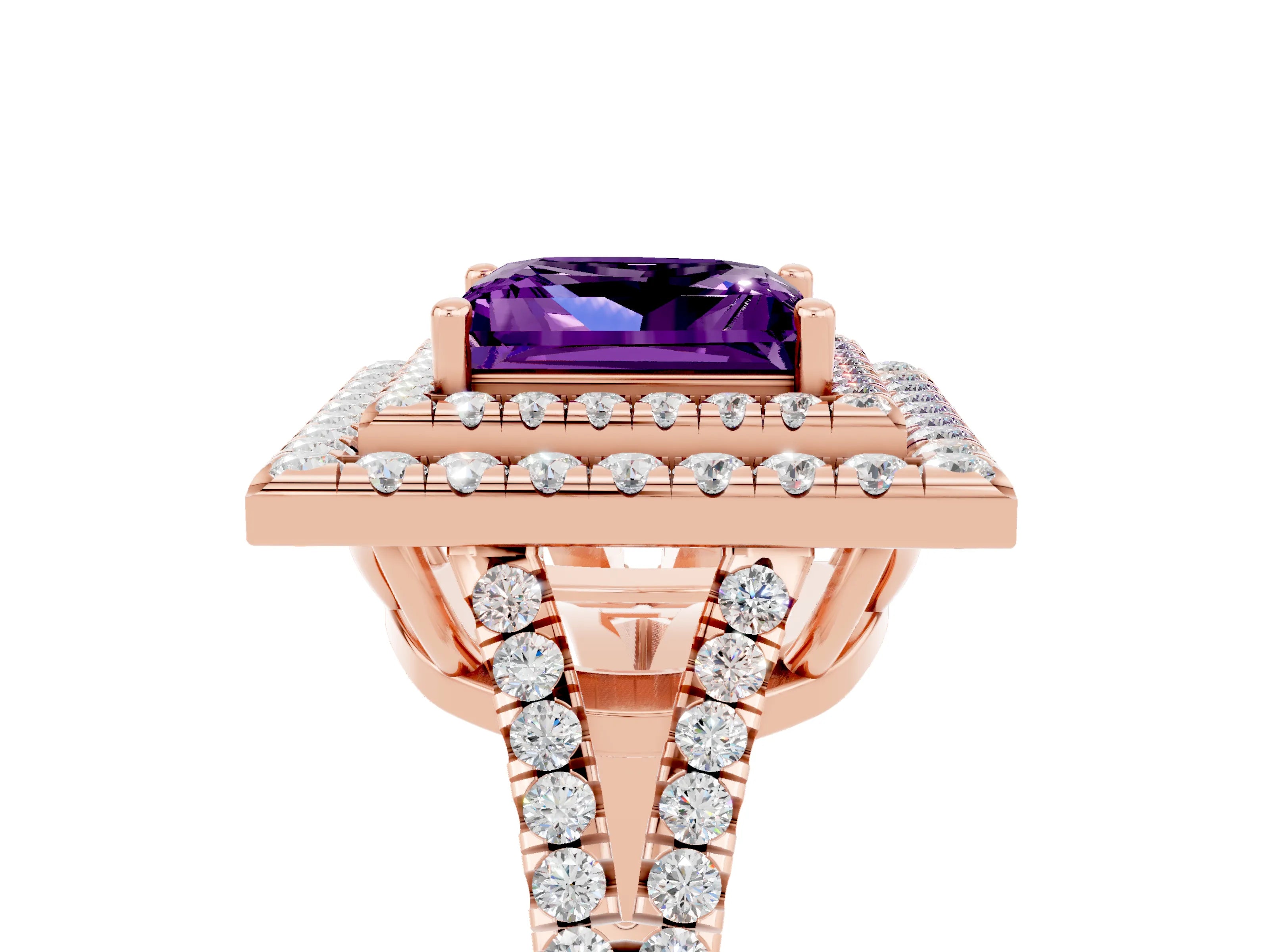 Rose gold Princess Cut Amethyst Double Halo Ring with Pavé Band and Prong Setting_17
