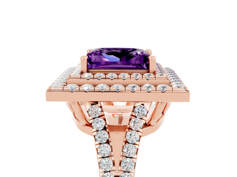 Rose gold Princess Cut Amethyst Double Halo Ring with Pavé Band and Prong Setting_17