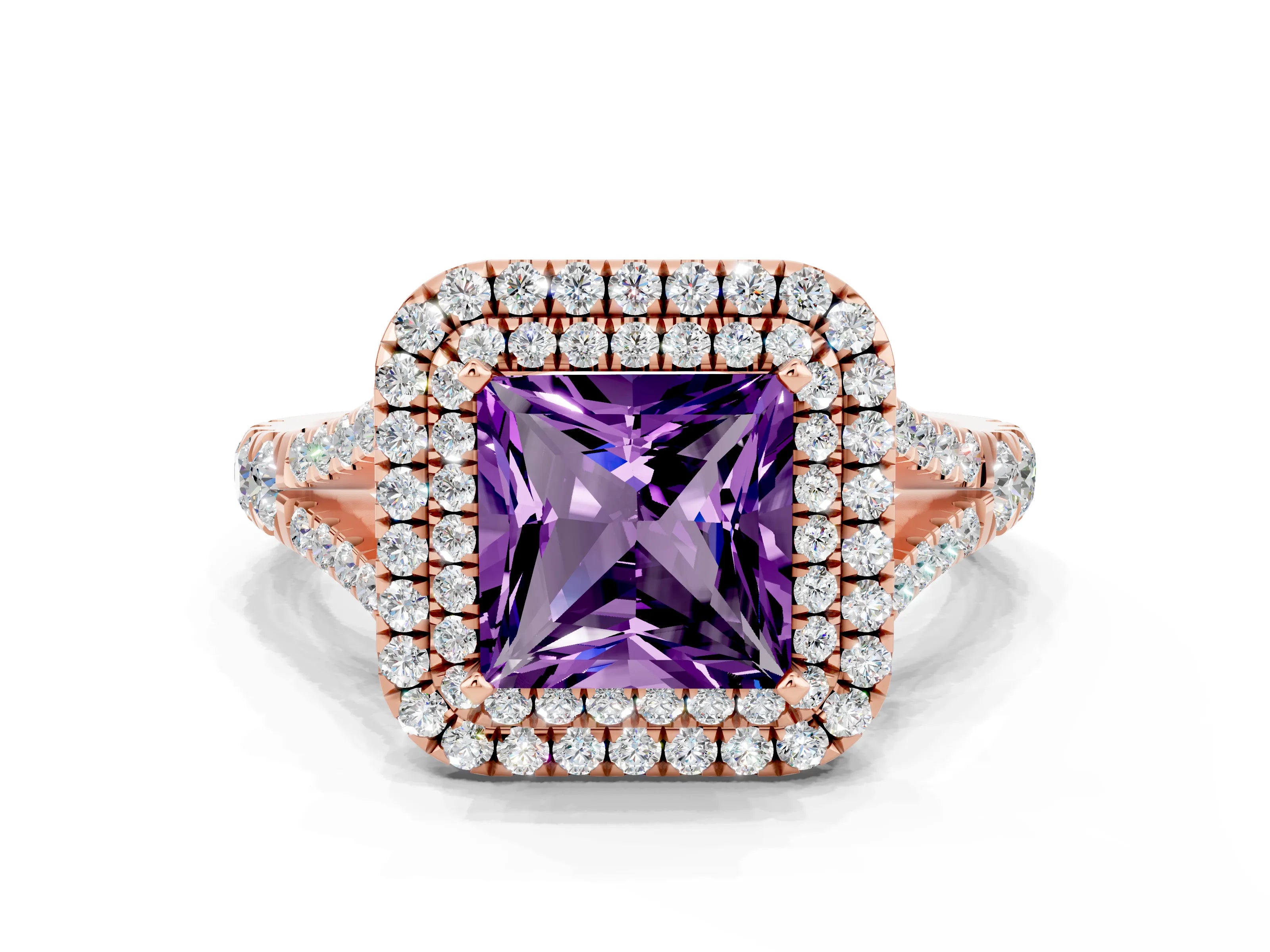 Rose gold Princess Cut Amethyst Double Halo Ring with Split Shank and Prong Setting_12